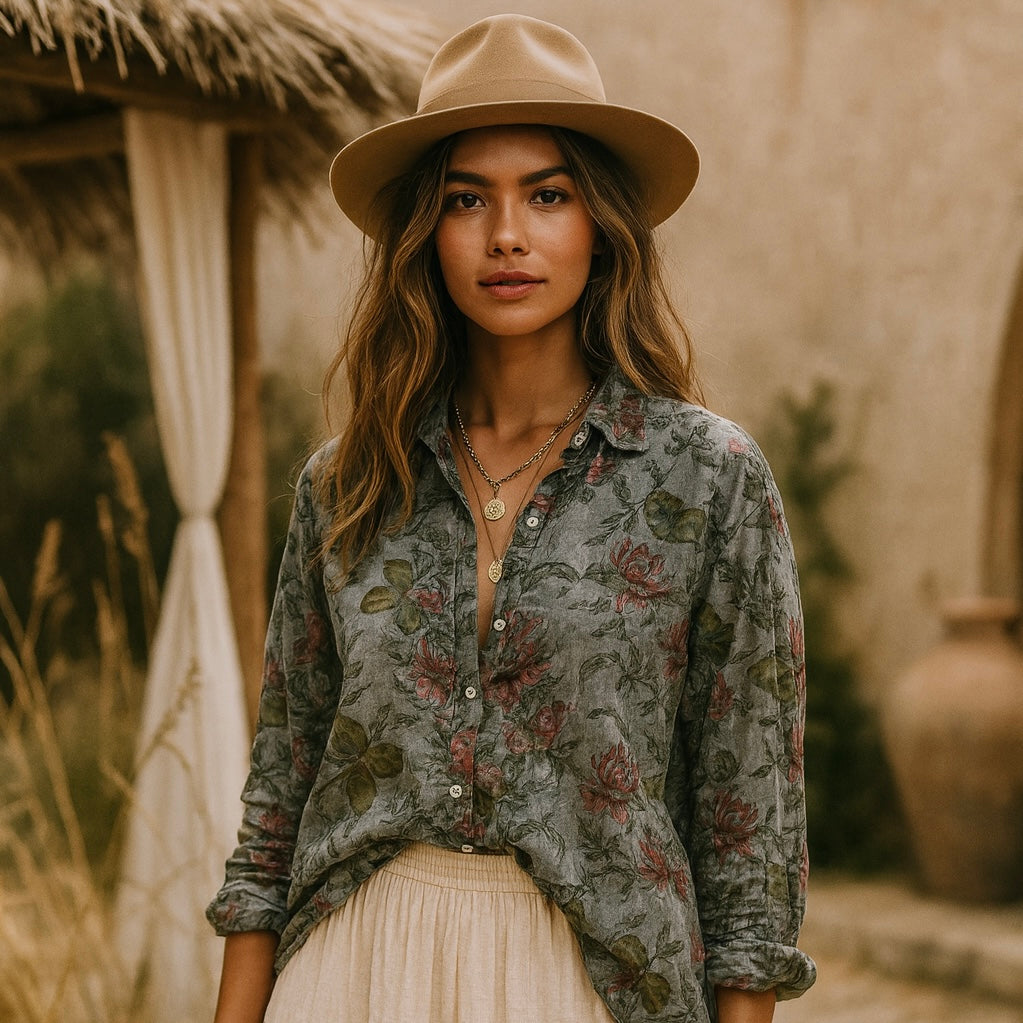 Cotton Floral Mirage Button-Down Blouse • Rosewood Blue Grey