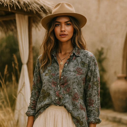 Cotton Floral Mirage Button-Down Blouse • Rosewood Blue Grey