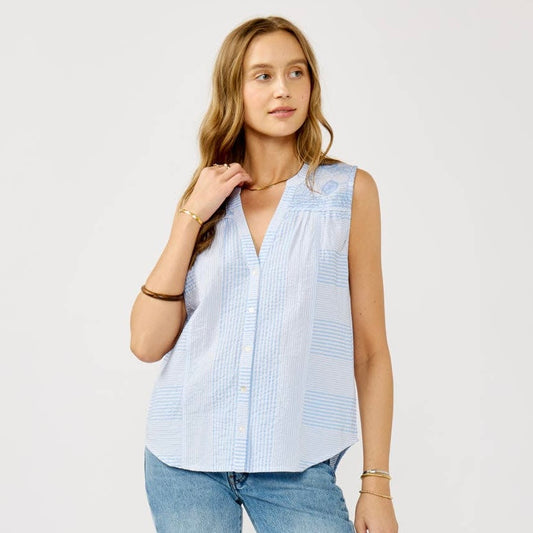 Striped Button-Down Embroidered Tank Light Blue & White