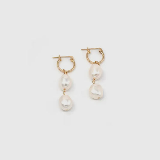 Double Pearl Huggie Hoop Earrings 14K Gold Fill