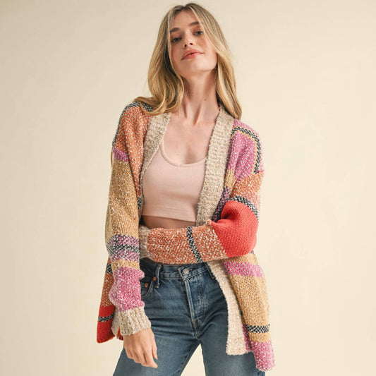 Color Block Cardigan Multi Colored Fuchsia Mustard
