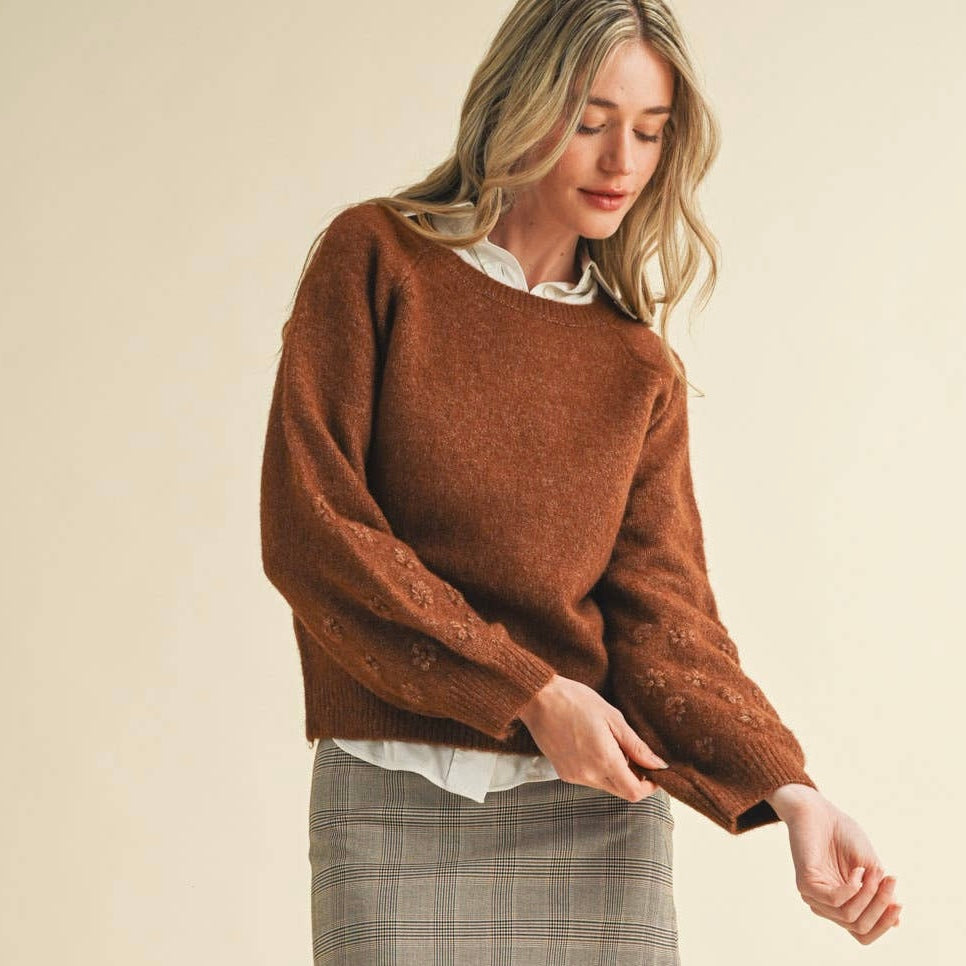 Floral Puff Sleeve Sweater Brown