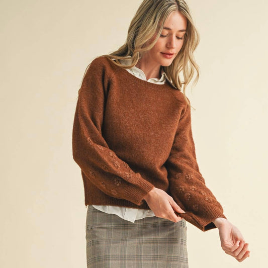 Floral Puff Sleeve Sweater Brown