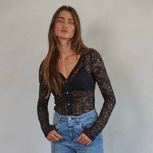 Floral Lace Abalone Button Down Bodysuit • Black