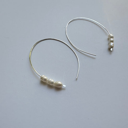 Modern Pearl Open Hoop Earrings • Sterling Silver