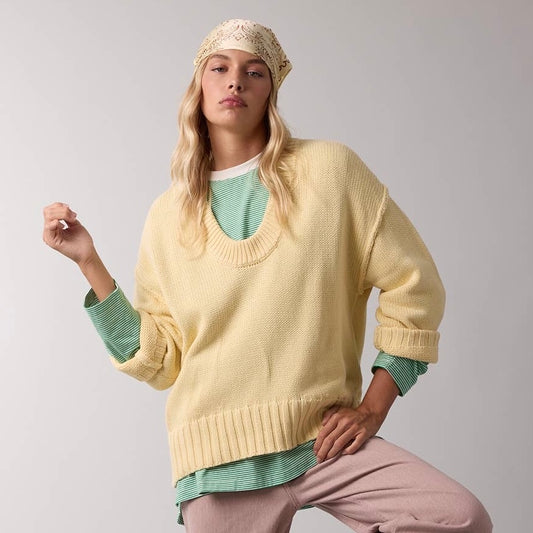 Oversized Scoop Neck Cotton Sweater Light Yellow
