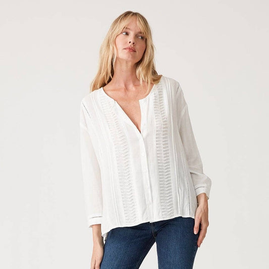 Linen Blend Button Down Pleated Blouse • White