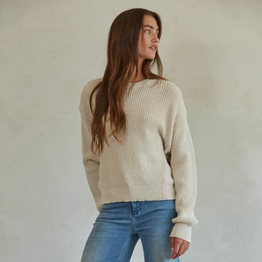 Knit Cotton Sweater Ribbed Long Sleeve Pullover Top • Natural