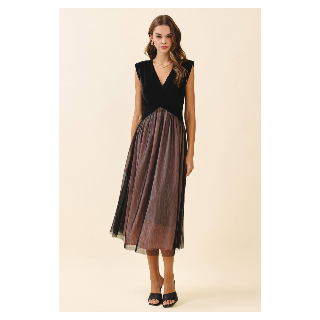 Velvet Fitted Bodice Midi Dress • Black