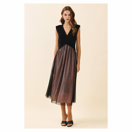 Velvet Fitted Bodice Midi Dress • Black