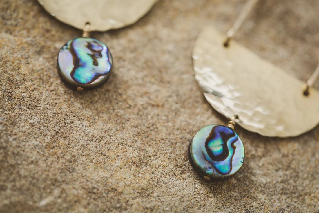 Desert Moon Design • Ceres Abalone Dangle Earrings • Brass