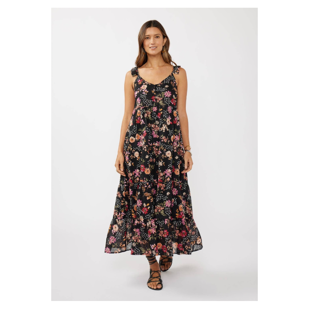 Ruffle Strap V-Neck Tiered Maxi Dress • Black & Dusty Rose