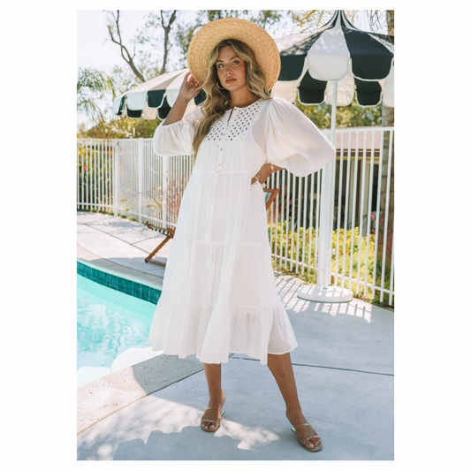 Boho Chic Cotton Gauze Balloon Sleeve Midi Dress: White / L