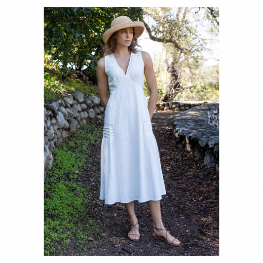 Lace Detail Linen Blend Midi Dress • White