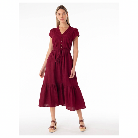 Embroidered Cotton Midi Dress • Merlot Red