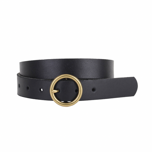 Brass-Toned Circle Buckle Leather Belt: Black