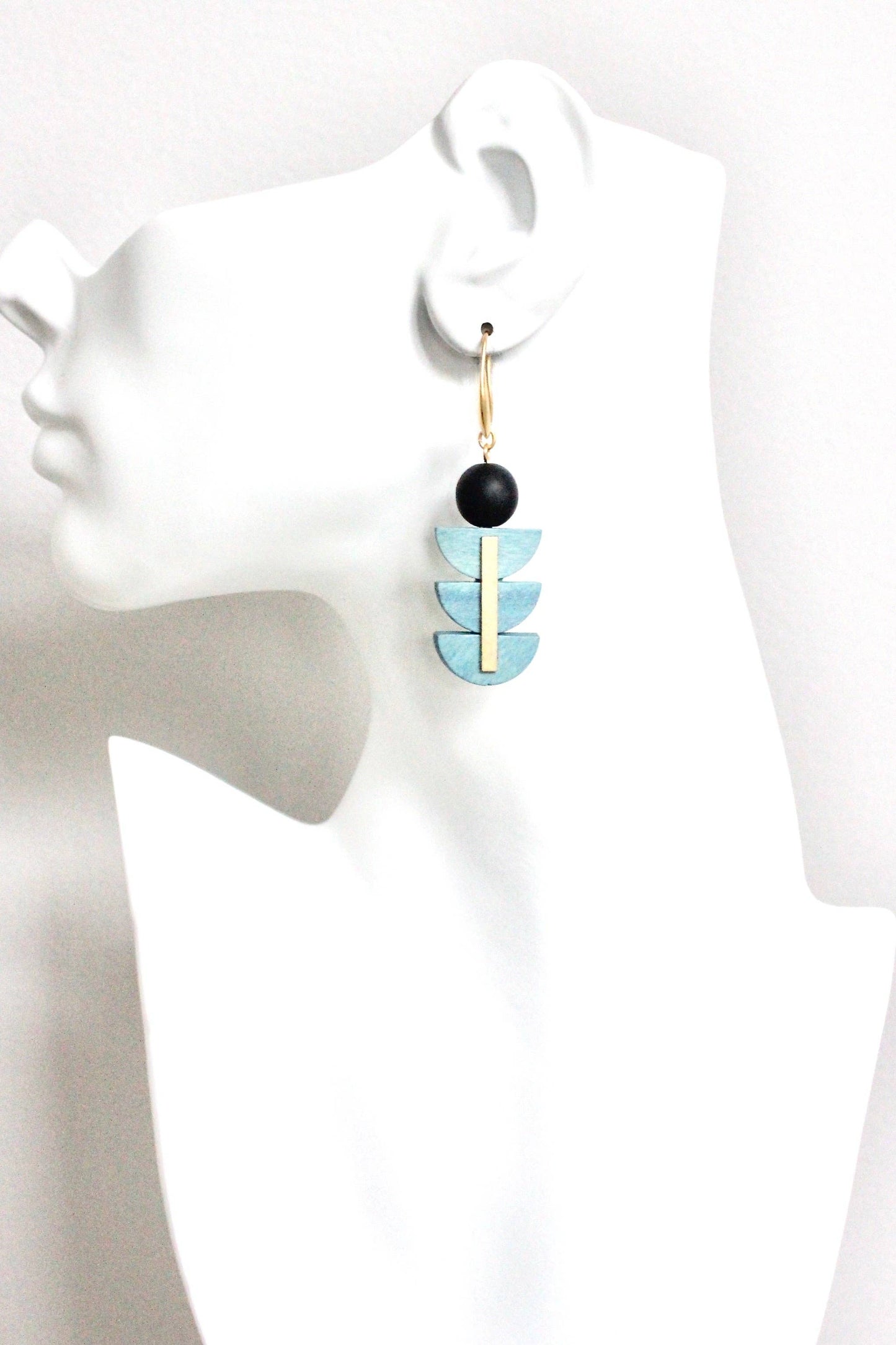 David Aubrey • Wood Painted Geometric Art Deco Earrings • Black Blue
