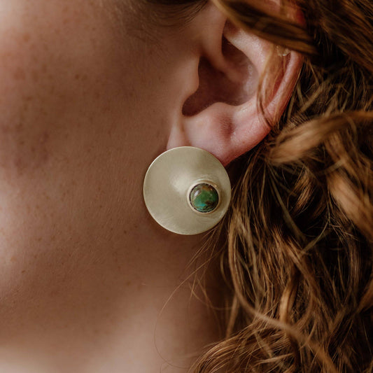 Orb Studs, Brushed Brass Disc, Turquoise and Copper Obsidian: Turquoise