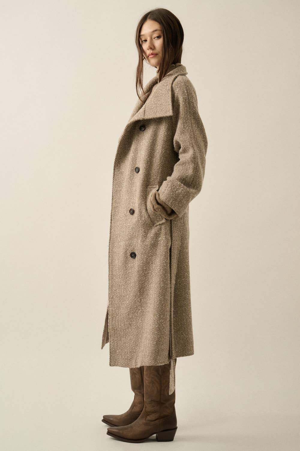 Long Herringbone Tweed Overcoat • Taupe
