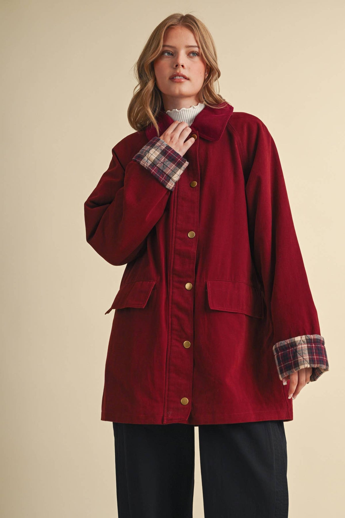 Cotton A-Line Jacket with Plaid Detail • Burgundy