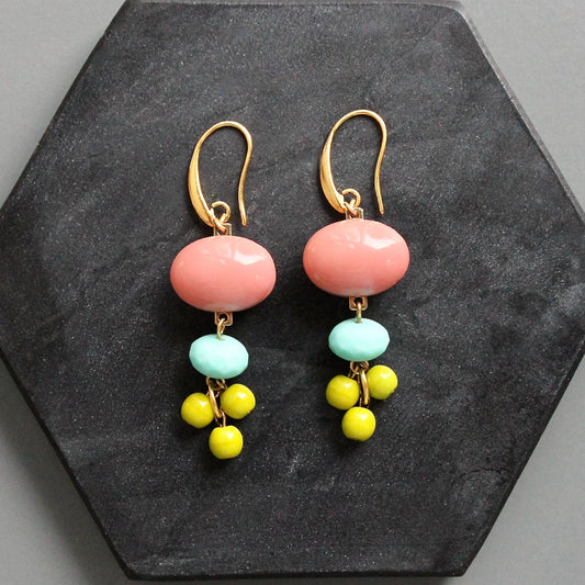 Vintage Glass Bead Earrings Coral & Chartreuse