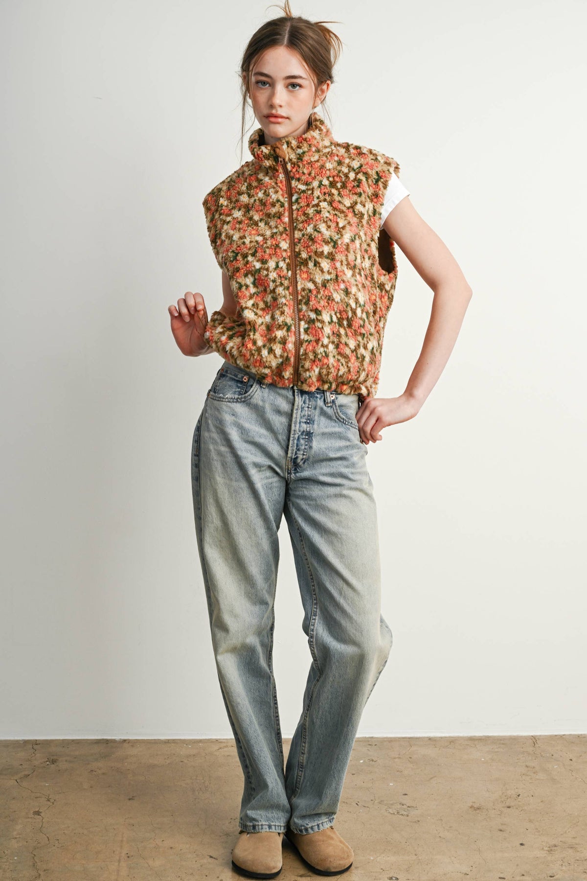 Ditsy Floral Sherpa Fleece Vest • Tan