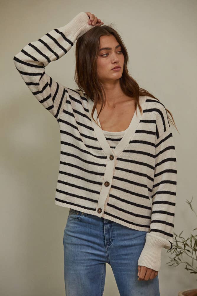 Knit Sweater Cotton Stripe V-Neck Cardigan • Natural Black