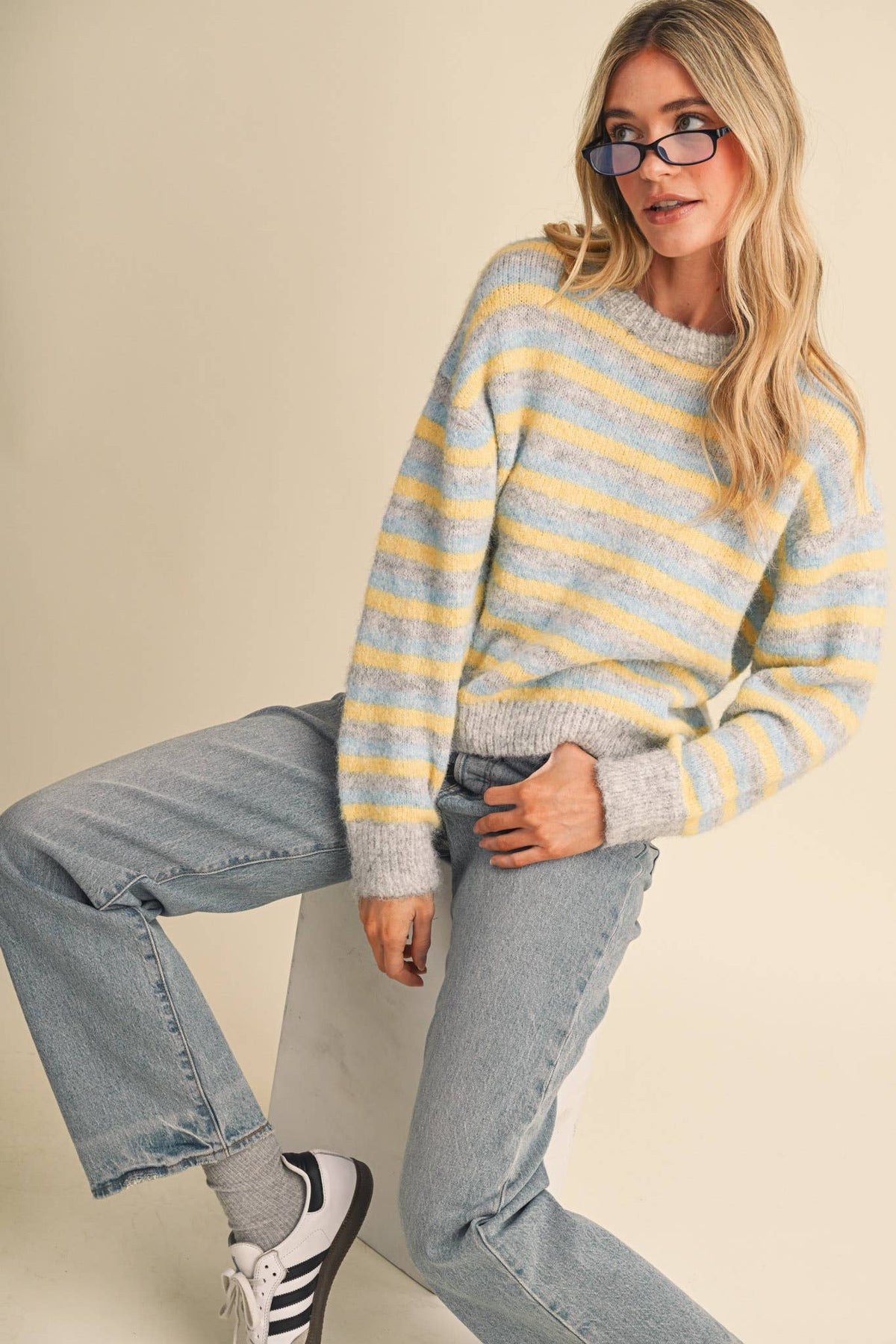 Striped Marled Sweater • Grey Blue & Yellow
