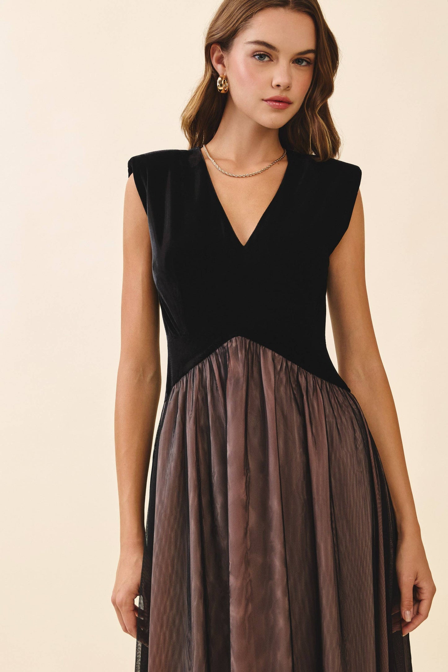Velvet Fitted Bodice Midi Dress • Black