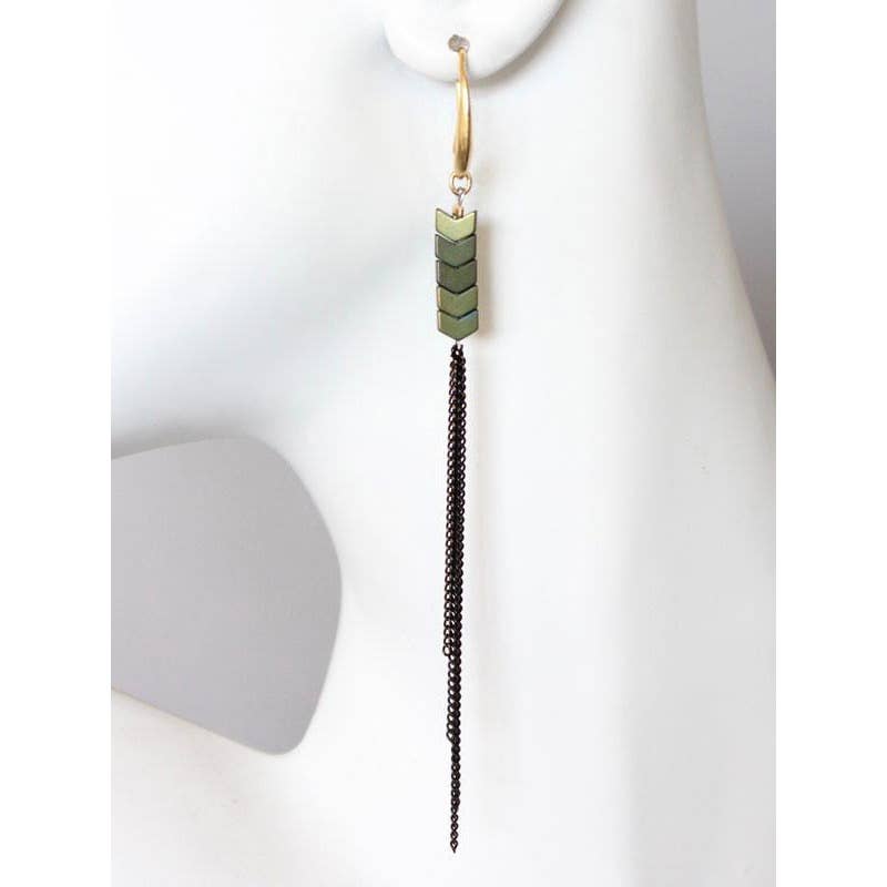 David Aubrey • Bead Chain Shoulder Duster Earrings • Green Hematite Brass