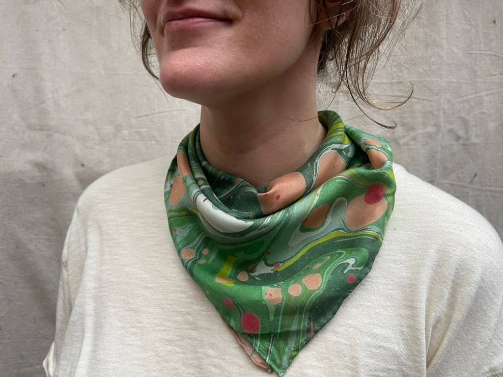 Hand Marbled Silk Bandana • Garden Party Green