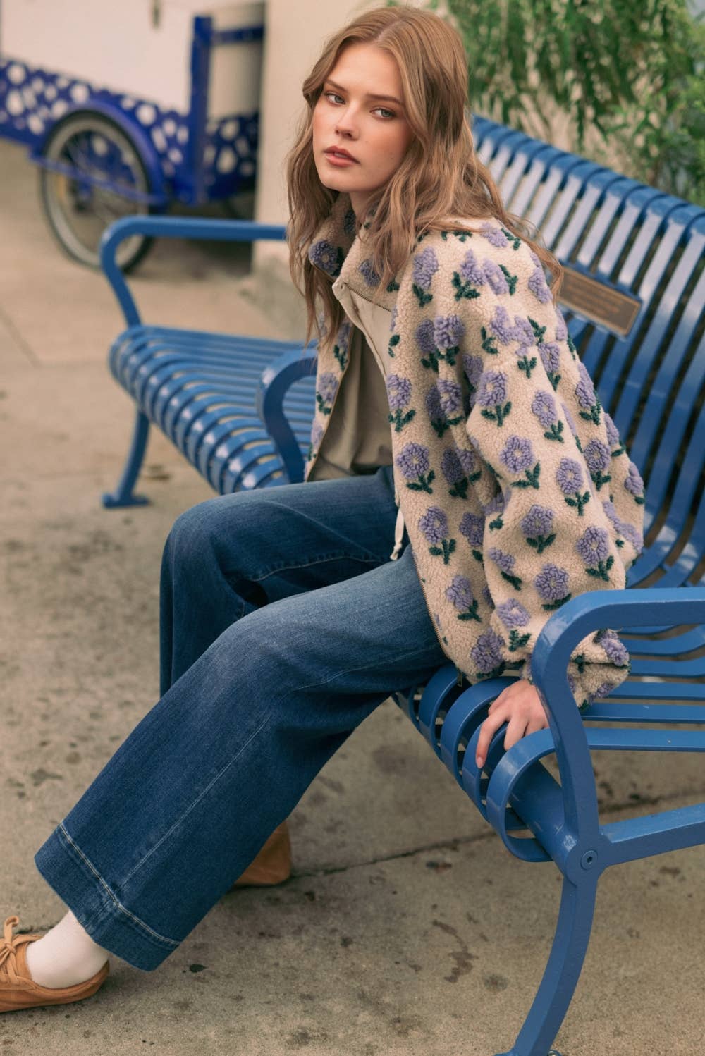 Flower Print Sherpa Jacket • Periwinkle & Ecru