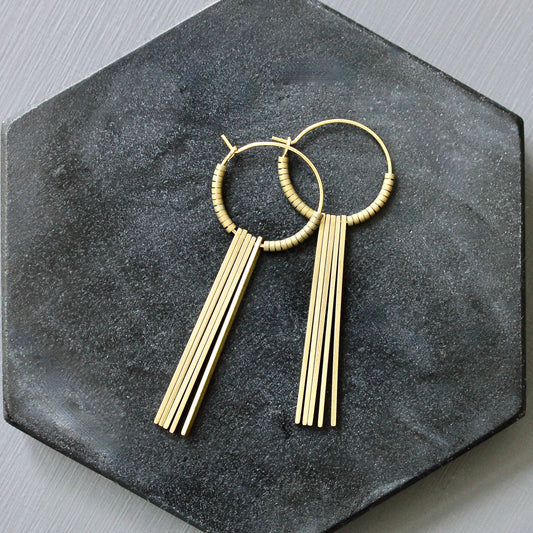 David Aubrey • Geometric Hoop Fringe Earrings • Brass