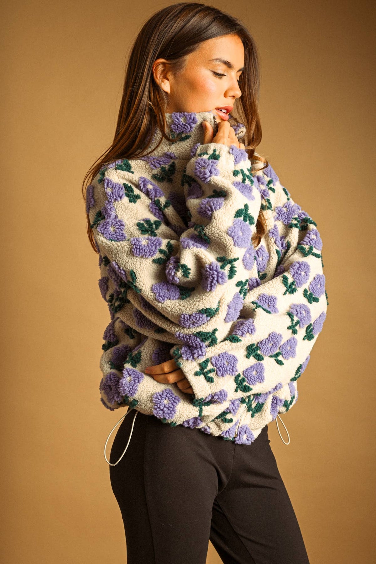 Flower Print Sherpa Jacket • Periwinkle & Ecru