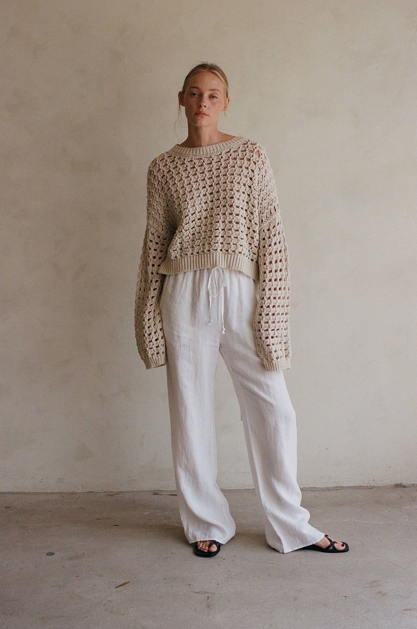 Linen Cotton Crew Pullover Sweater • Natural