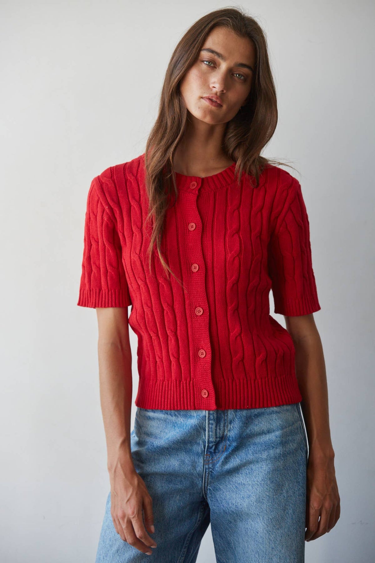 Short Sleeve Cotton Sweater Top • Ruby Red