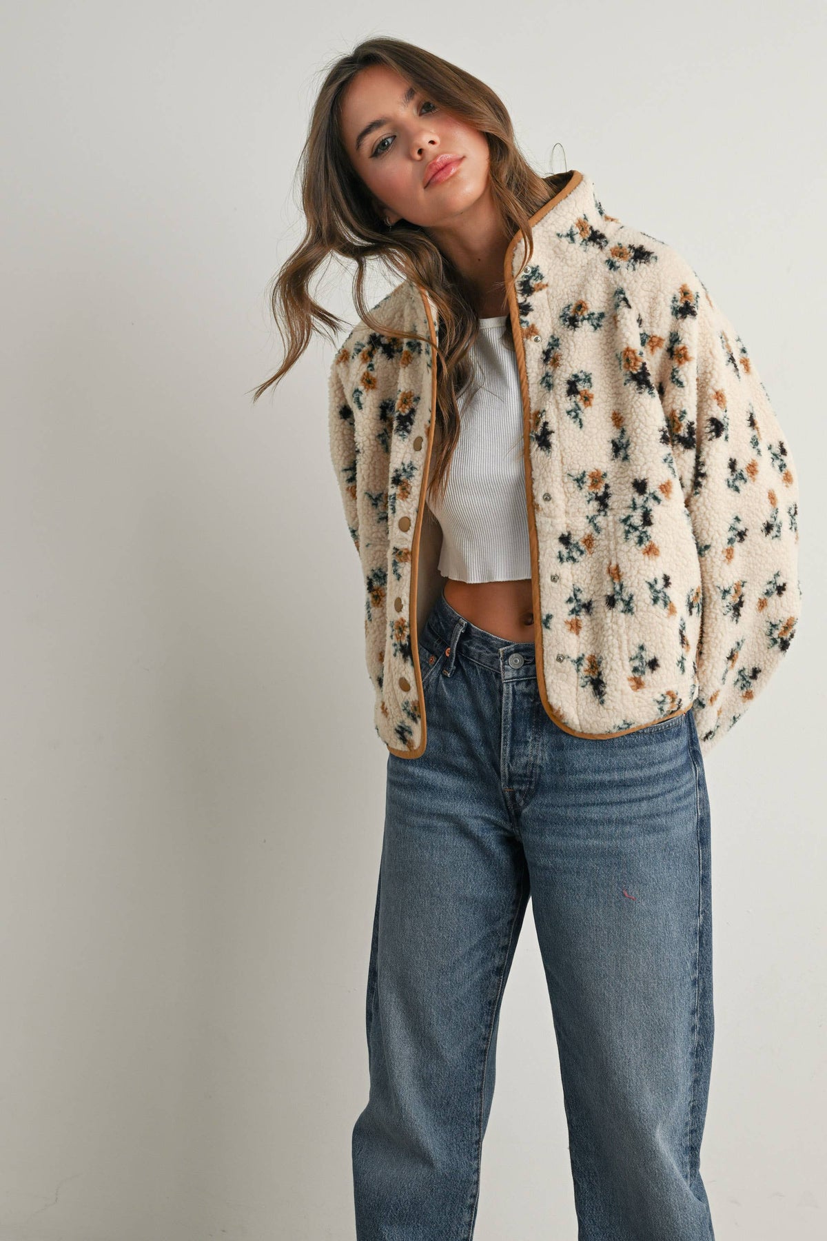 Floral Sherpa Fleece Jacket • Khaki & Cream