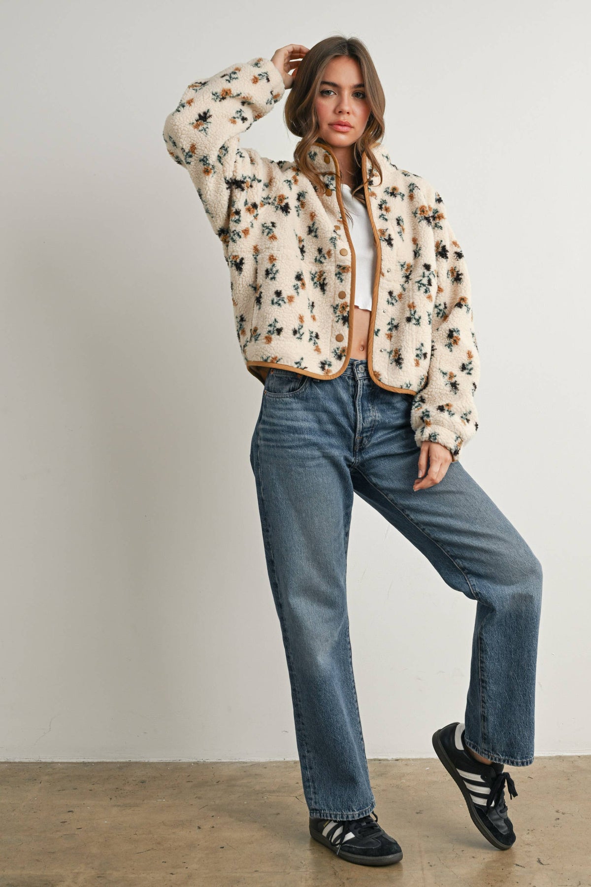 Floral Sherpa Fleece Jacket • Khaki & Cream
