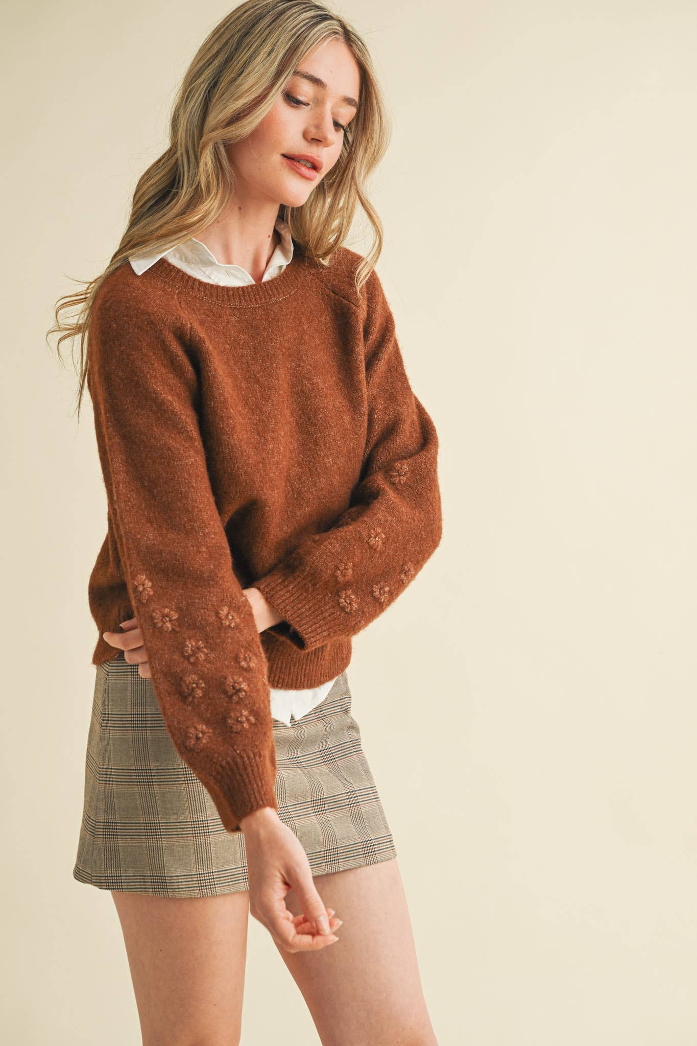Floral Puff Sleeve Sweater Brown