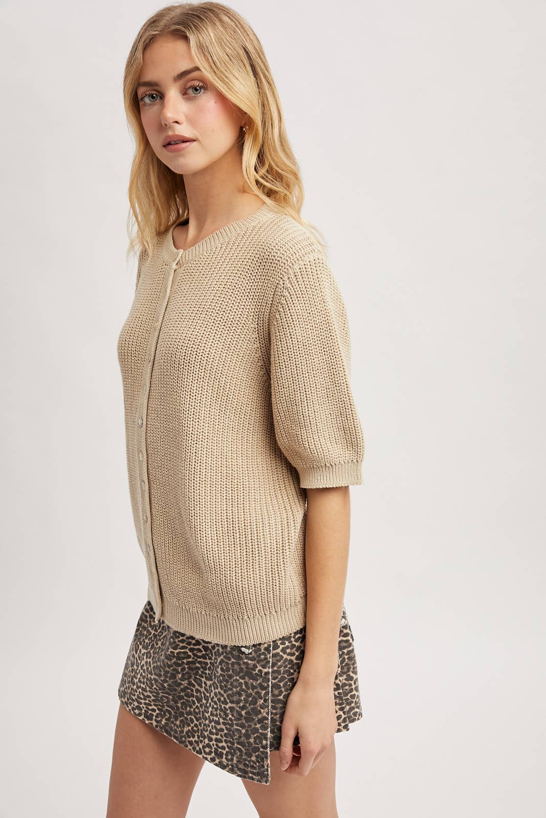 Short Sleeve Cotton Cardigan Sweater • Taupe