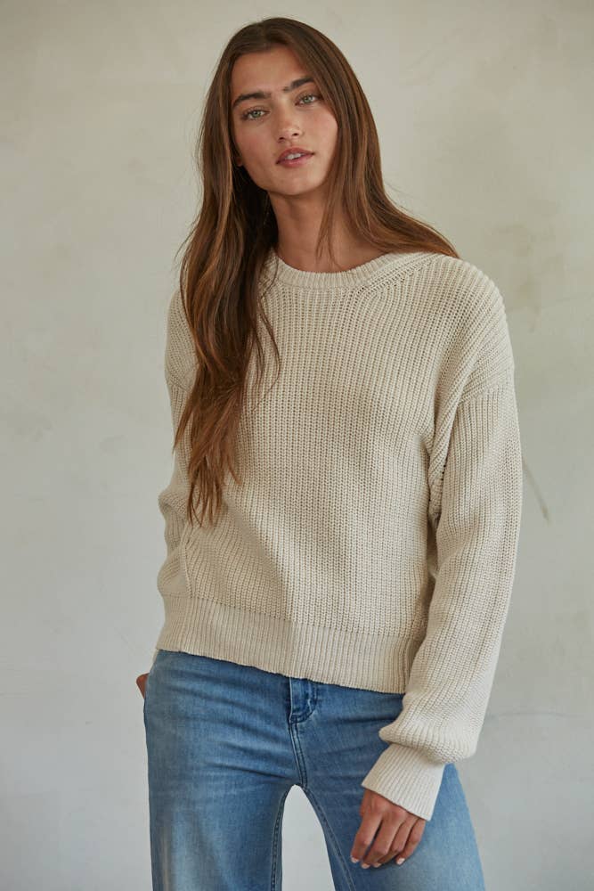 Knit Cotton Sweater Ribbed Long Sleeve Pullover Top • Natural