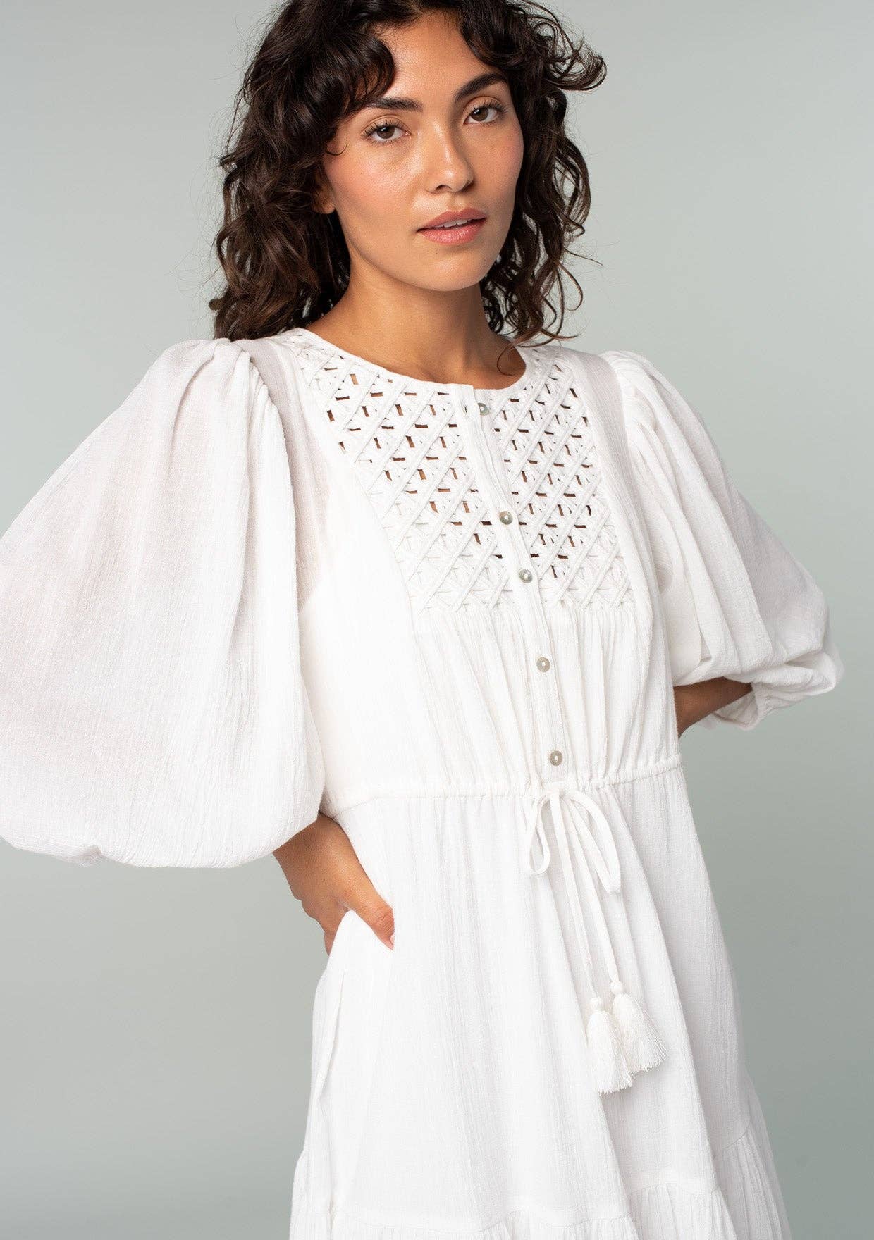 Boho Chic Cotton Gauze Balloon Sleeve Midi Dress: White / L