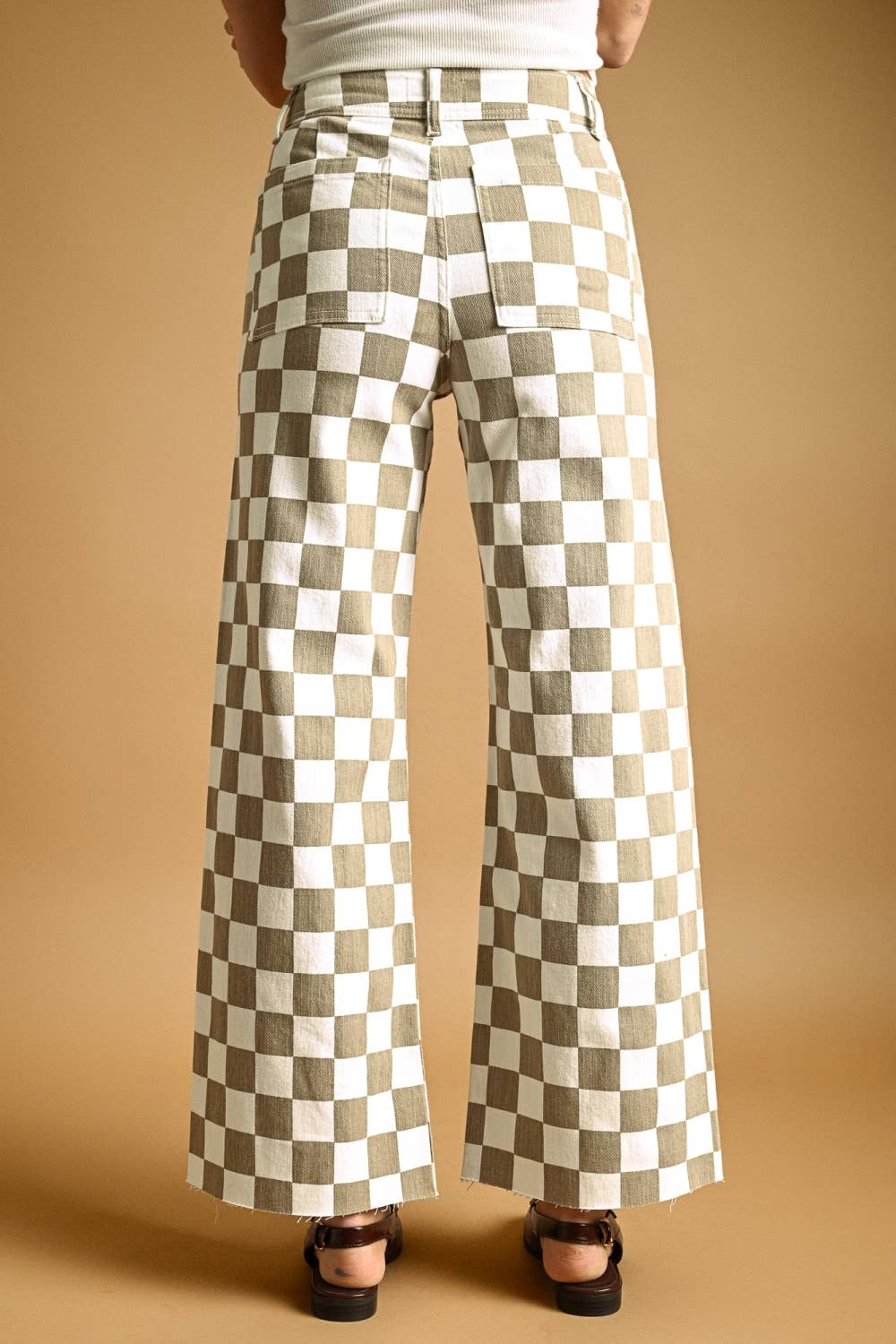 Wide Leg Checker Board Denim • Tan & White