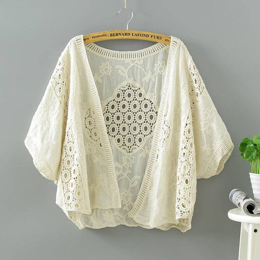 Lace Open Front Cardigan with Batwing Sleeves Beige