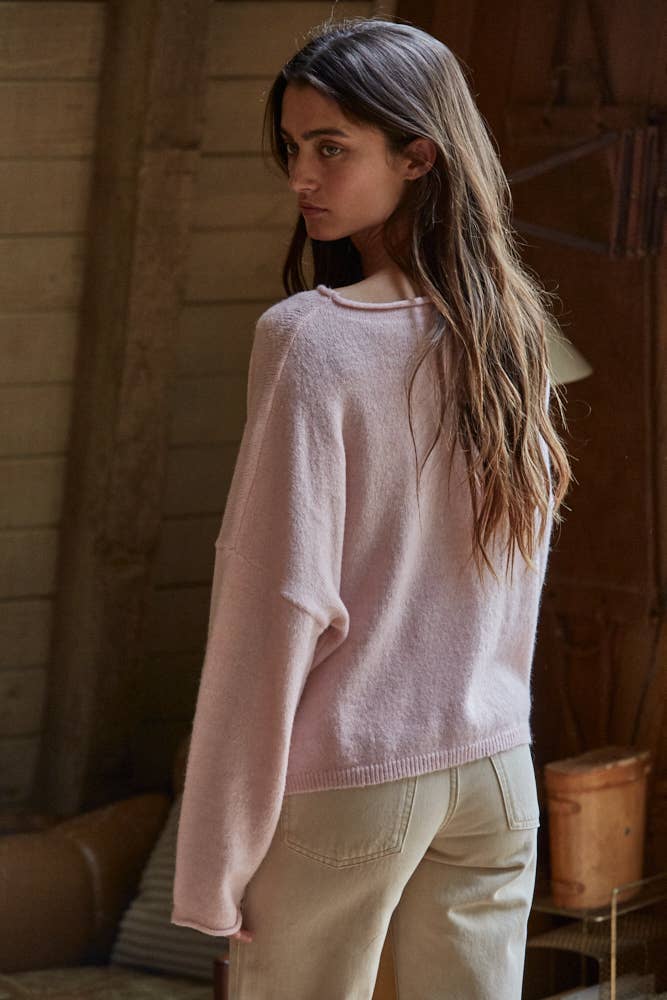 Oversized Knit Sweater Pullover Top • Soft Pink
