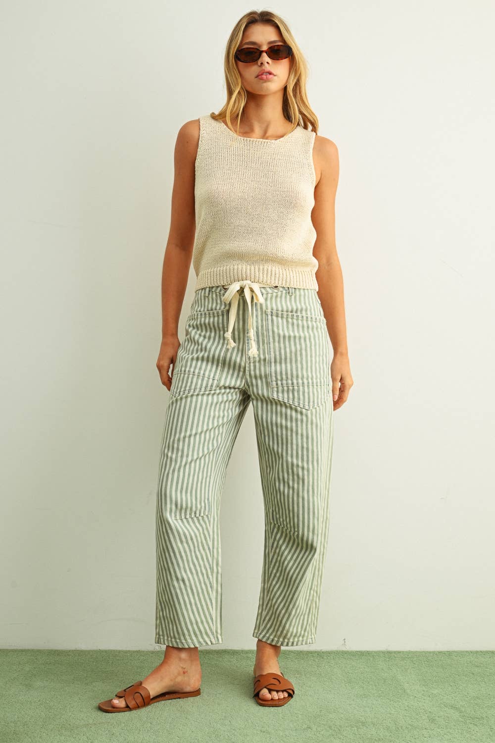 Stripe Barrel Pants • Light Blue & Cream