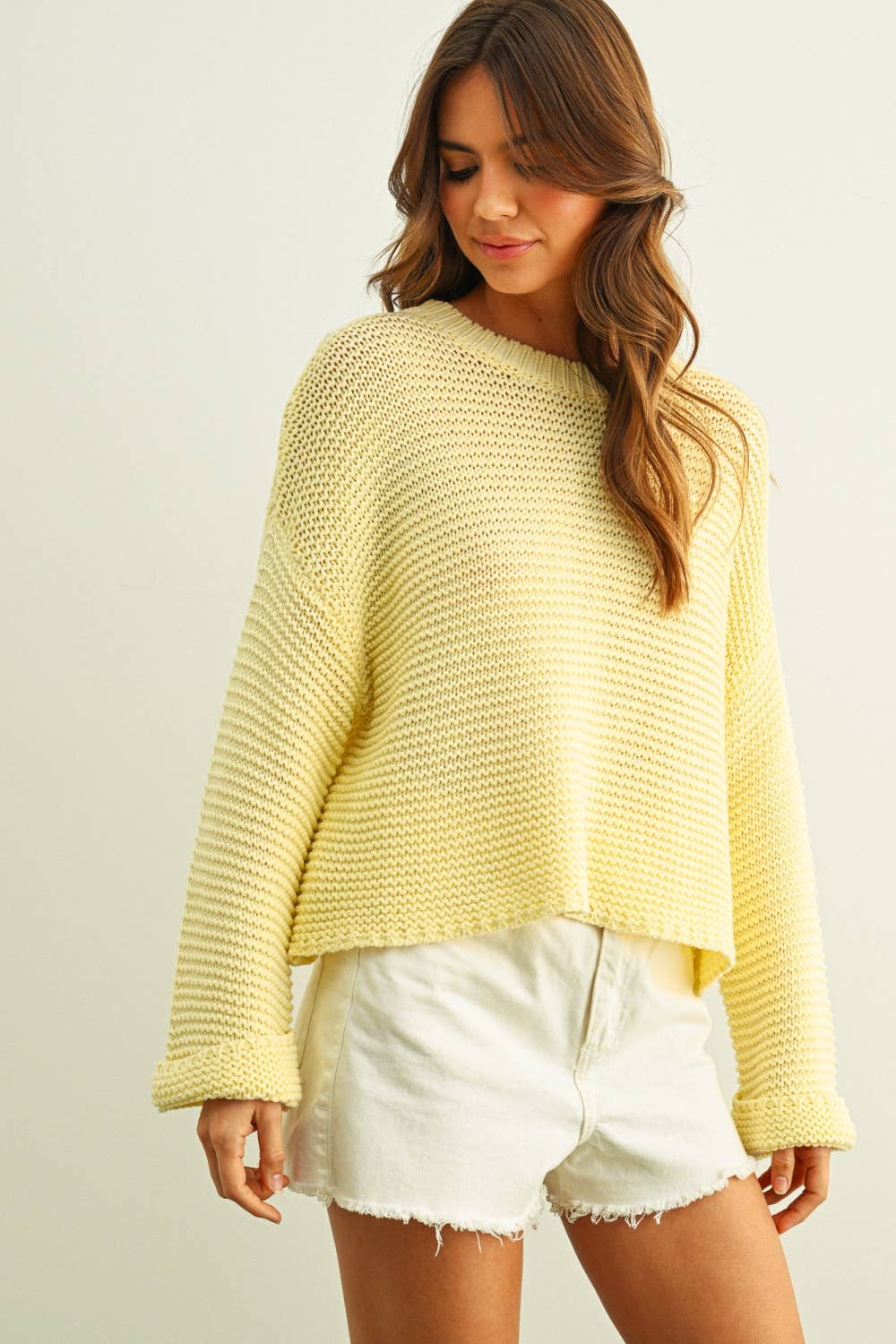 Boxy Crop Cotton Blend Sweater • Pastel Yellow