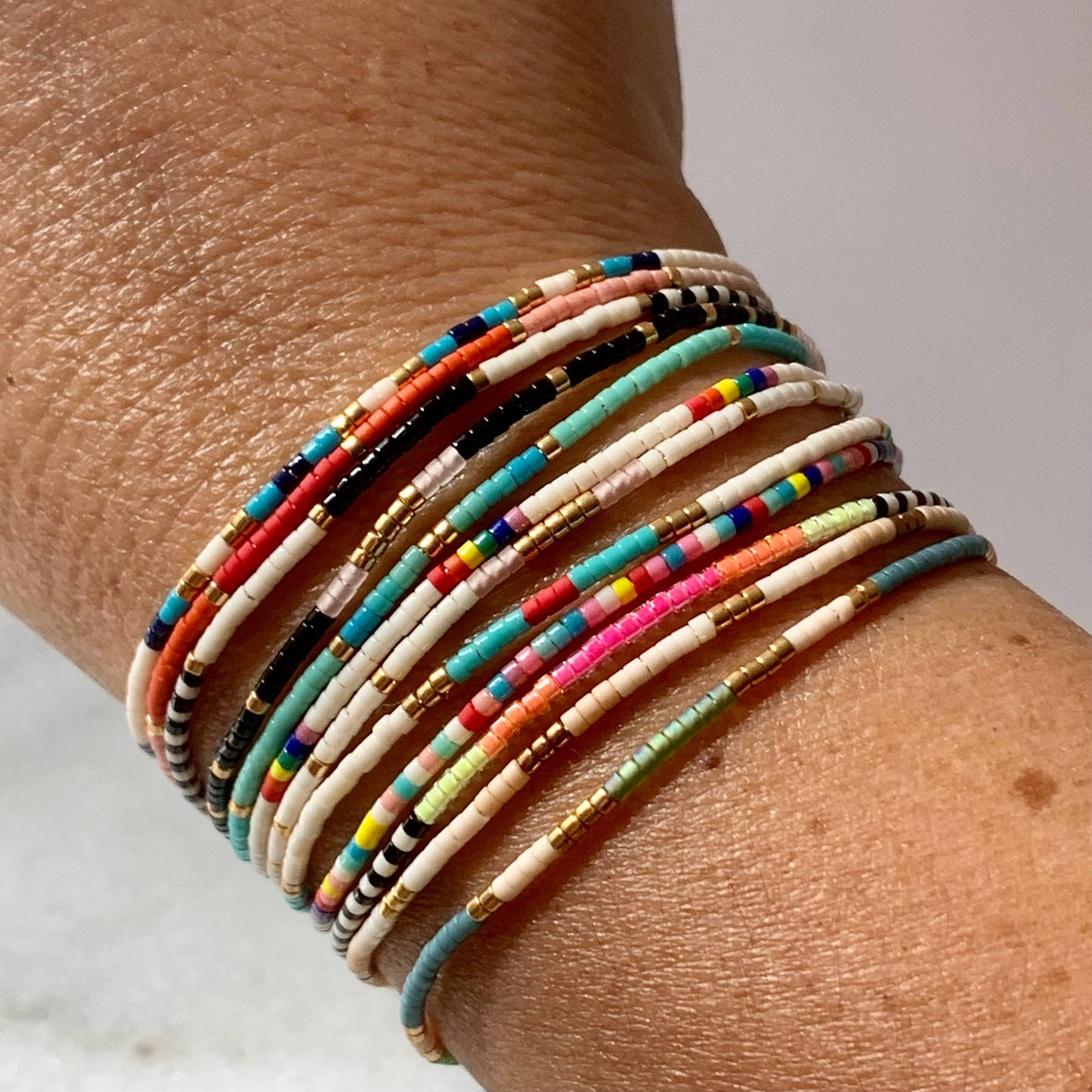 Handmade Adjustable Seed Bead String Bracelets • Rainbow