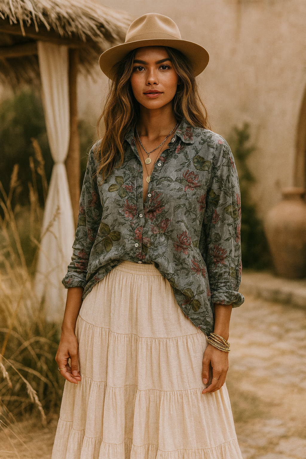 Cotton Floral Mirage Button-Down Blouse • Rosewood Blue Grey