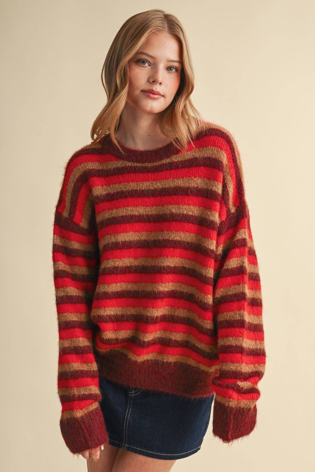 Striped Marled Sweater • Red Burgundy Tan